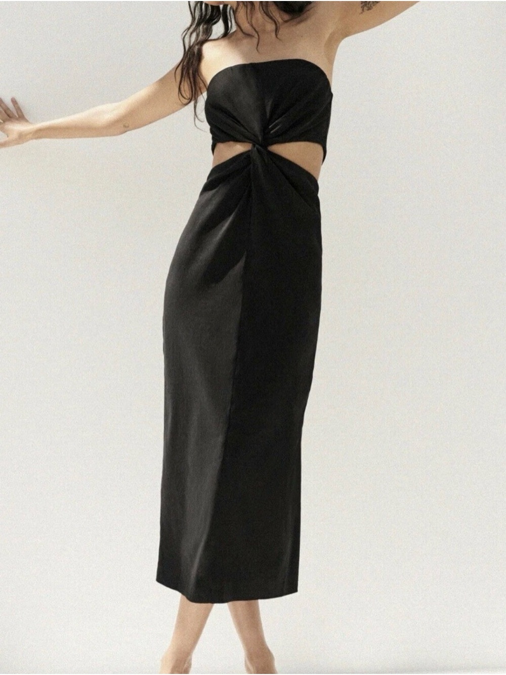 Zara Black Strapless Twist Cutout Linen Blend Maxi Dress